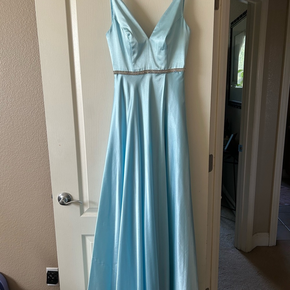Elegant Light Blue Gown with Rhinestone Detail